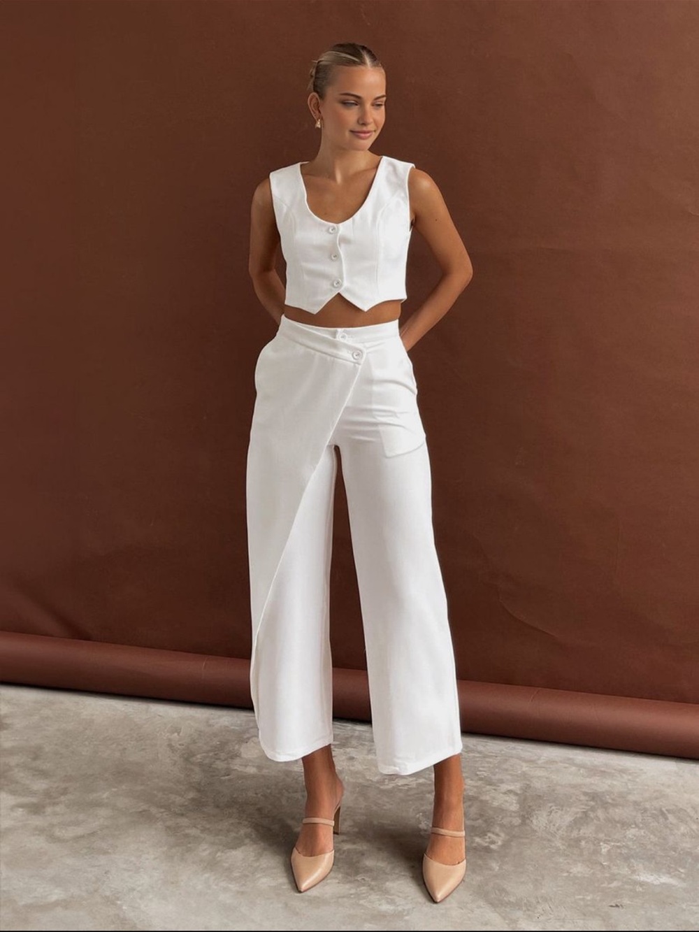 NWT COMMENSE White High-Waist Asymmetrical Wrap Front Wide-Leg Pant - Vest Set